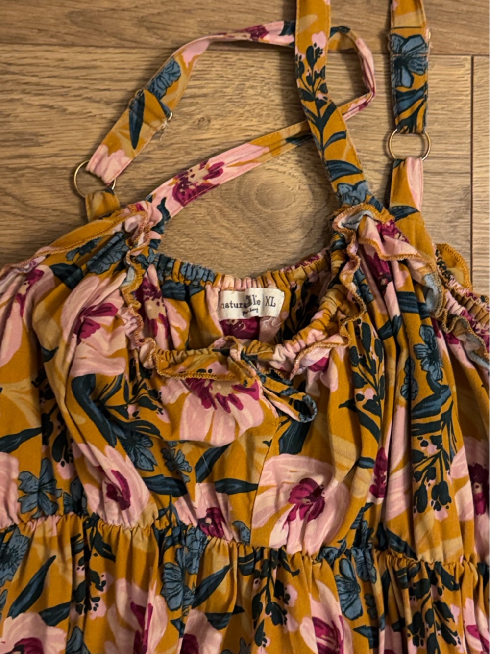 NATURAL LIFE Mustard Floral Midi Dress with Pink & Blue Blooms - Picture 2 of 5